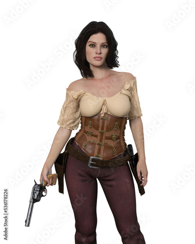 3D rendering of attractive brunette cowgirl gunslinger posing with revolver in hand isolated.