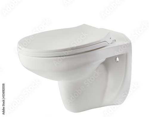 Ceramic Toilet Bowl Isolated on White. Modern wall Mounted Flush Toilet with Top Spud Side View. Flushing Toilet Soft Closing Seat. Water Closet WC. Bath Design and Innovation 