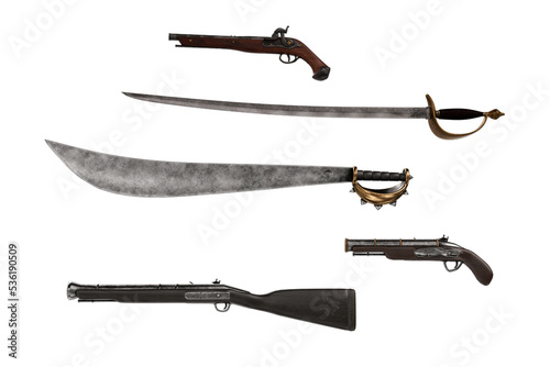 Collection of pirate weapons, swords and guns. 3D rendering isolated.