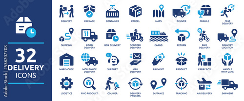 Delivery service icon set. Containing order tracking, delivery home, warehouse, truck, scooter, courier and cargo icons. Shipping symbol. Solid icons vector collection.