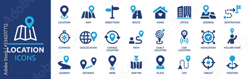 Location icon set. Containing map, map pin, gps, destination, directions, distance, place, navigation and address icons. Solid icons vector collection.