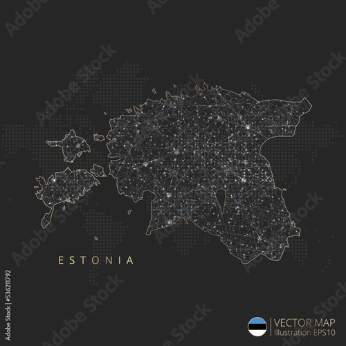 Estonia map abstract geometric mesh polygonal light concept with black and white glowing contour lines countries and dots on dark background. Vector illustration eps10
