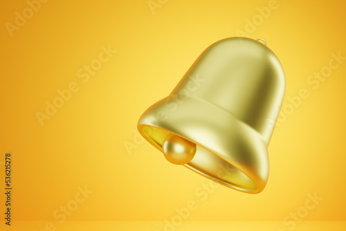 3d rendering of golden bell icon illustration isolated on yellow background. Suitable for website and social media illustrations, notifications, announcements, communications.