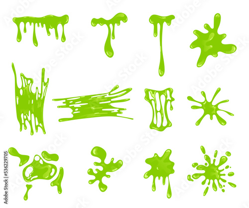 Green slime splashes and blobs set. Vector illustrations of sticky mucus splat or dripping goo liquid. Cartoon slimy droplet and border of different shape isolated on white. Halloween design concept