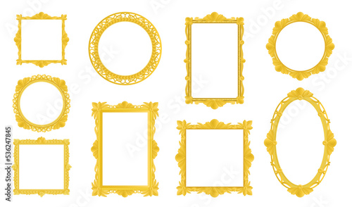Gold old royal borders with floral ornament for pictures and photos on white background. Empty ornate frames cartoon vector illustration set. Antique art deco, victorian, rococo style, museum concept