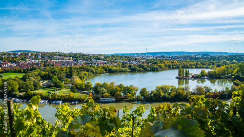 Germany, Stuttgart panorama view max eyth see lake water neckar river boats and beautiful houses in autumn, view above trees and nature landscape