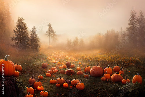 Thanksgiving and halloween pumpkins in autumn forest. Fall season landscape with pumpkin field. Festive holiday greeting card wallpaper. Dark magic wood november scene.