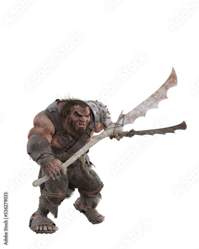 Fantasy giant Jotunn from Norse mythology wielding a glaive weapon in each hand. 3D rendering isolated.