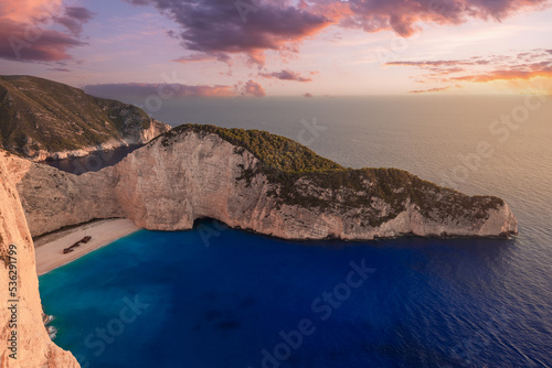 Panoramic view of Navagio beach with the shipwreck in Zakynthos at sunset