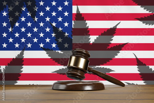Court gavel in front of national flag of the USA having shadows of cannabis on wooden table. Illustration of the concept of the pardons of federal conviction for marijuana possession