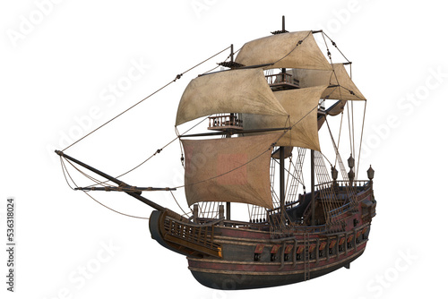 Old wooden pirate ship in full sail. 3D rendering isolated.
