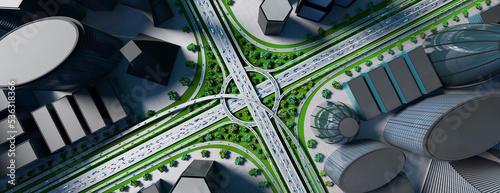 Highway intersection/ road interchange in the city with heavy traffic - 3D illustration