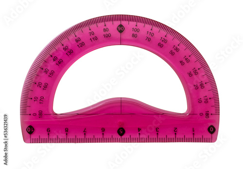 Ruler protractor pink color, transparent background. PNG. Plastic geometry tool close up