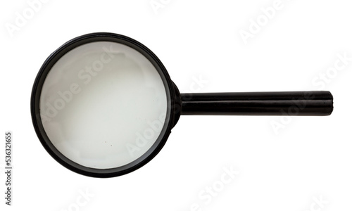 Magnifying glass isolated, transparent background, PNG. Loupe with black frame and handle