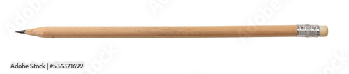 Pencil natural wood with white eraser isolated, transparent background, PNG, top view