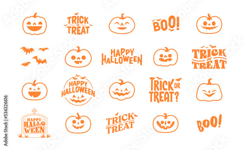 Halloween graphic elements with carved pumpkins and bats. Trick or treat, Boo and spooky designs. Halloween decoration.