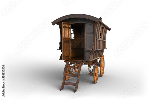 Vintage wooden Romany gypsy caravan parked with open door. 3D render isolated.