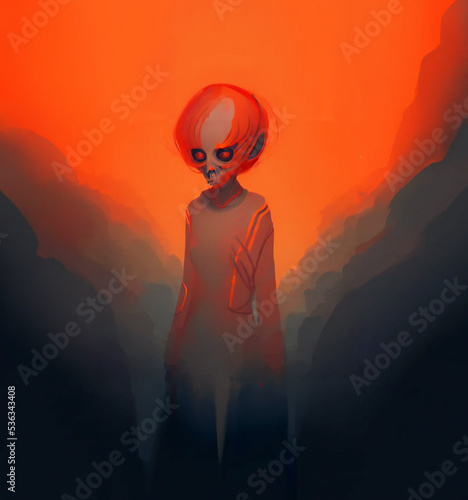 Ilustración digital de un alien zombi, en colores anaranjados por la celebración de Halloween