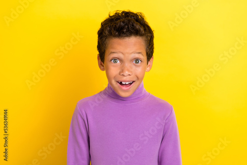 Photo portrait of charming little boy excited smile cant believe win lottery wear trendy violet garment isolated on yellow color background