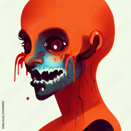 Ilustración digital de la cara de una chica zombi, en colores anaranjados, por la celebración de Halloween