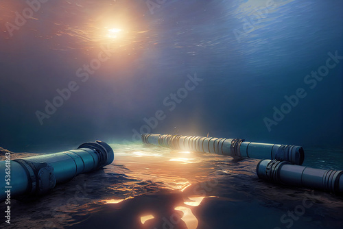 Blowing up underwater gas pipelines. Causing an explosion and releasing gas. A sabotage causing climate risks and marine pollution. 3D illustration.