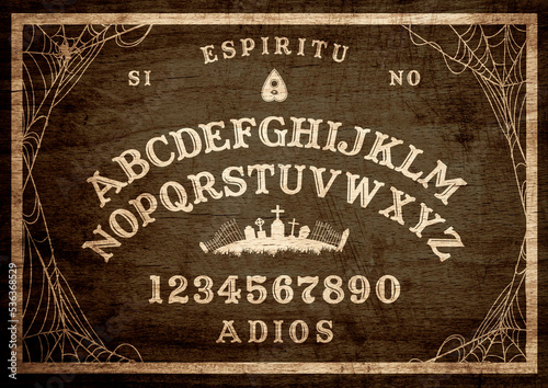 Plantilla gráfica inspirada en Ouija Board. Símbolos en blanco y negro de luna, sol, textos y alfabeto. tipografía gótica. Juego de llamadas de fantasmas y demonios. 