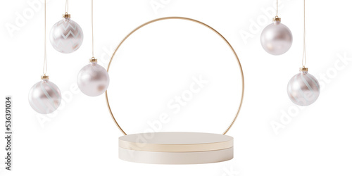 Golden podium or pedestal for products or advertising with baubles, 3d render
