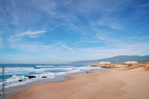 Beautiful view of ocean beach Praia da Cresmina, Portugal.