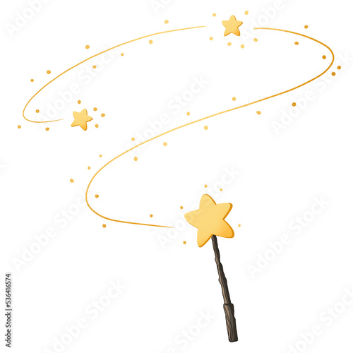 decorative magic wand with a magic trace. star shape magic wand accessory. magical witch power in illustration style isolated on background with clipping path in cartoon hand drawn style.