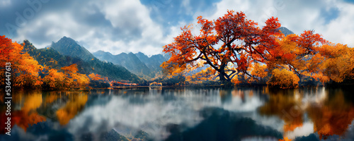 Mountain panorama of a beautiful alpine autumn view with reflections in a lake. Mountain landscape, lake and mountain range, large panorama. 3d render 