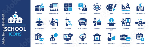 School icon set. Containing classroom, students and teacher icons. Education and knowledge symbol. Solid icons vector collection.