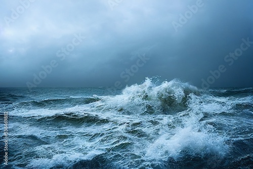 sea wave during storm in the ocean with big clouds and rain.