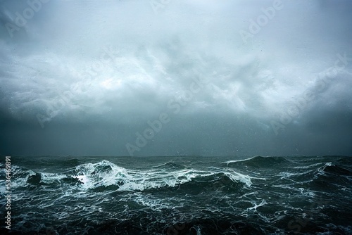 sea wave during storm in the ocean with big clouds and rain.