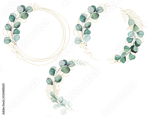 Geometric golden frameS made of green watercolor eucalyptus leaves, wedding illustration