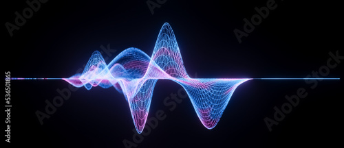 Illustration of abstract blue pink wireframe sound waves, visualization of equalizer frequency signals audio wavelengths, conceptual futuristic technology waveform background with copy space for text