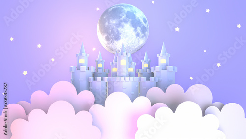 3d rendered cartoon castle and paper clouds under the big full moon at night.