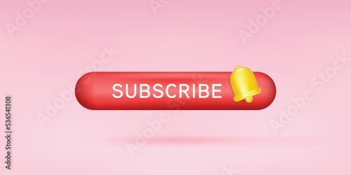 Subscribe red button for social media. Subscribe to video channel, blog and newsletter. Red button with gold bell or subscription. 