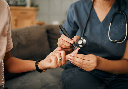 Diabetes, hands of nurse and blood sugar test on patient finger in home visit. Health, healthcare and medical professional test senior diabetic woman insulin levels in house checkup for wellness.
