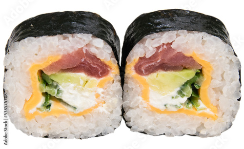 Delicious sushi on a white background isolate. Rolls with tuna, cheese and cucumber macro