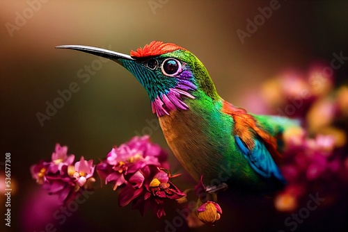 exotic colibri, hummingbird on a flower, tropic garden with beautiful multicolor bird, generative ai