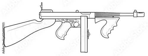Vector illustration of the Thompson M1921 submachine gun with round magazine and front wooden foregrip on the white background
