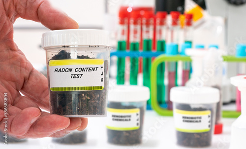 Radon. Radon content in soil sample in plastic container. Study of agricultural soil in a chemical laboratory