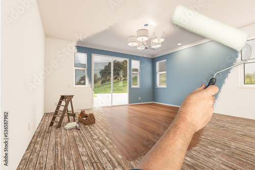 Before and After of Man Painting Roller to Reveal Newly Remodeled Room with Fresh Blue Paint and New Floors.