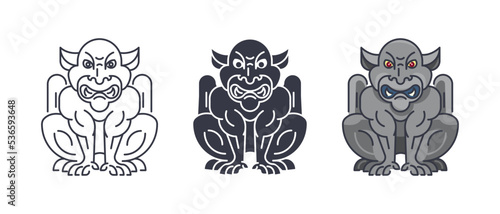 Clipart of a gargoyle in three versions. Architectural sculpture of gothic times illustrated in cartoon style. Linear black and white silhouette of a mythical creature isolated on white background