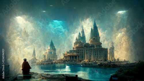 Illustration of Atlantis, ancient civilization, history and mythology, legend city sunken under the water 