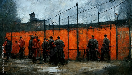 very dark atmosphere and convicts gathering in a dystopian prison yard