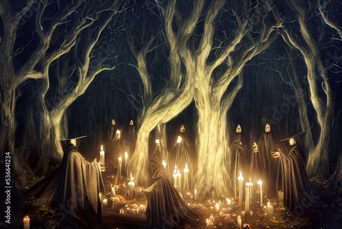 A gloomy dramatic background witches in black cloaks perform a ritual in a dark gloomy forest Background for Halloween holiday Magic atmospheric background witchcraft 3D illustration