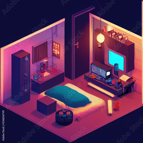 Cute isometric mini cyberpunk Creative Bedroom. Illustration For Web, Book, Novel, Game.