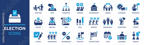 Election and voting icon set. Containing democracy, vote, government, voting, campaign, political, voter, ballot, candidate and president icons. Solid icons vector collection.