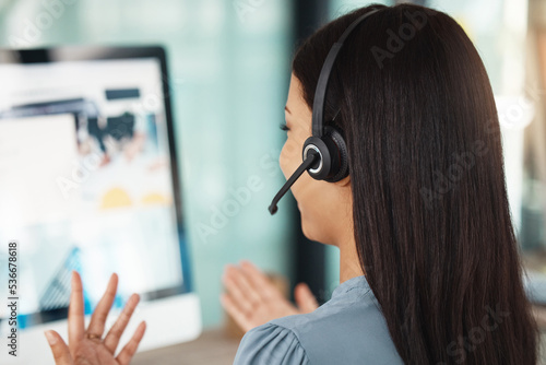 Call center, communication woman and computer in customer service, contact us and crm consulting office. Support worker, tech receptionist and talking telemarketing consultant advertising sales deal